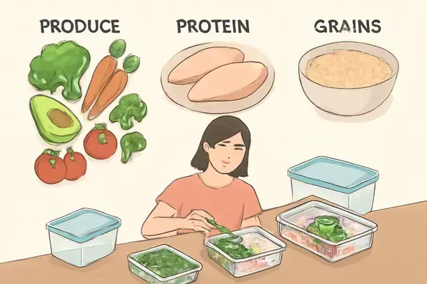 =Meal prep scene showing organized groceries for a 1600 calorie meal plan.