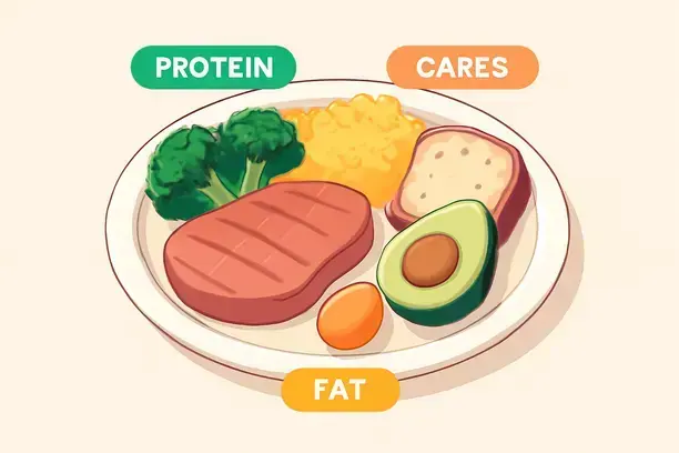 =Illustration of a balanced plate depicting daily macro ratios for a healthy diet.