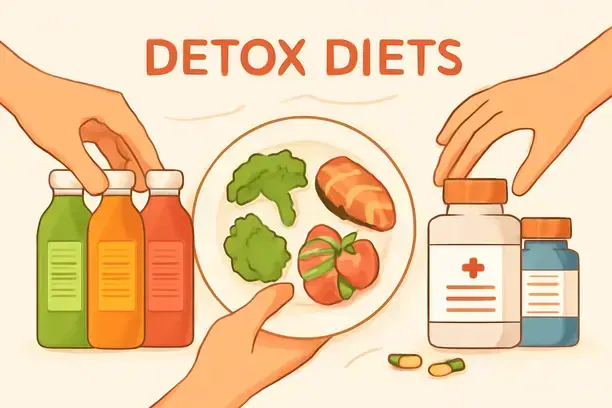 =Illustration of different 21-day detox diets like juice cleanses and clean eating.