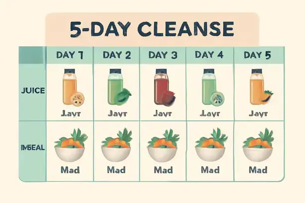 =A calendar illustrating a 5-day cleanse plan with meals and juices.