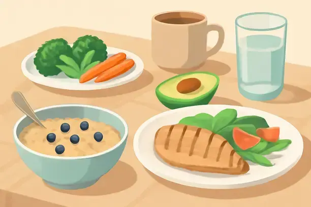 =A vibrant post-cleanse meal with oatmeal, grilled chicken, and vegetables on a table.