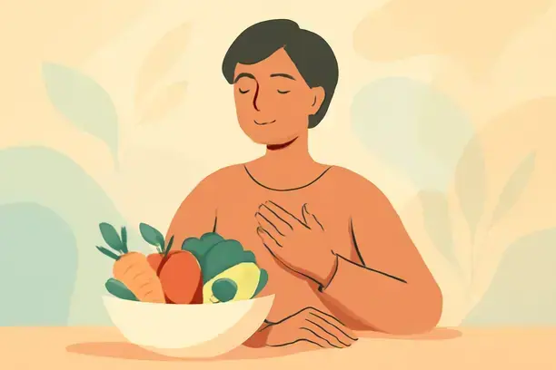 =A person assessing their health with fresh foods during a cleanse.