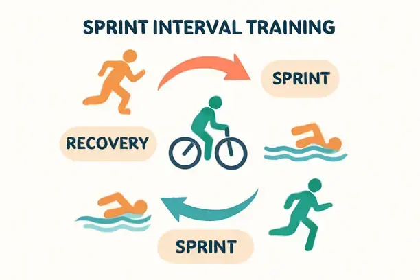 =Diagram of sprint interval training mechanisms with sprints and recovery cycles.