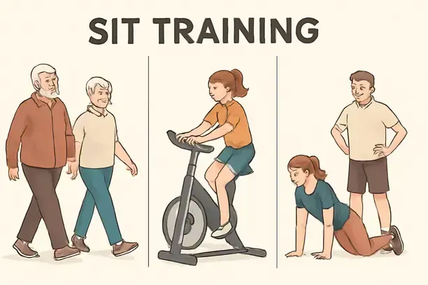 =Stylized figures demonstrating safe sit training methods for different age groups.
