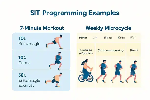 =Infographic showing various sprint interval training protocols and exercises.