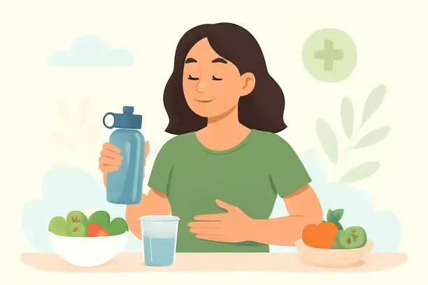 =Character managing symptoms during the Standard Process 21 Day Cleanse with healthy foods and hydration.