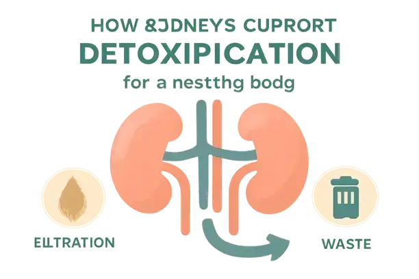 =Infographic illustrating kidney function and detoxification process in the body.