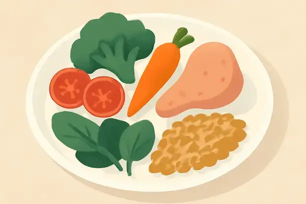 =Illustration of a colorful plate of nutrient-dense foods promoting healthy eating habits.