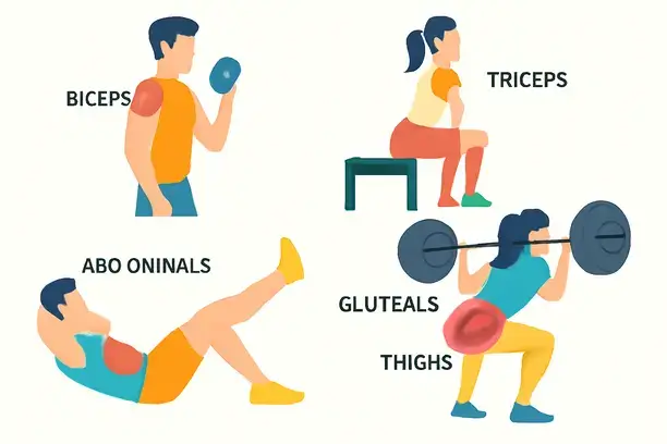 =Illustration of targeted muscle groups during various exercises in a workout.