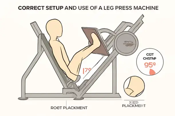 =Correct setup of a leg press machine highlighting foot placement and knee angle for safe use.