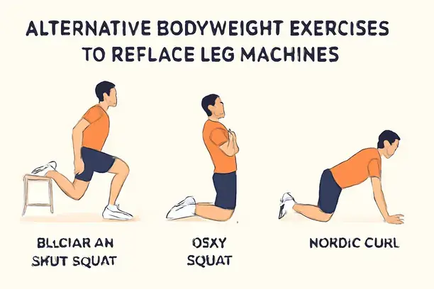 =Alternatives to leg workout machines including Bulgarian split squats and Nordic curls demonstrated by figures.