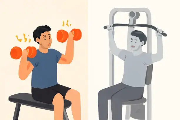 =Illustration comparing free weights with resistance machines, showing muscle activation and training styles.