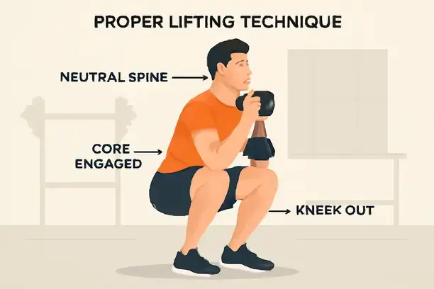 =Illustration showing proper form and techniques for performing a goblet squat with free weights, emphasizing safety.