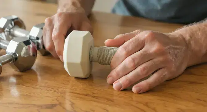 Close-up of a senior's hand holding a lightweight, hexagonal dumbbell with a secure grip.