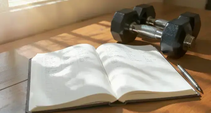 A workout logbook tracking dumbbell exercises, weight, and reps for progression.