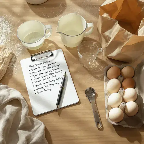 A kitchen counter with brunch planning notes, measuring tools, and ingredients.