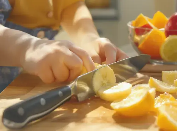 A child safely cutting fruit with a blunt knife using the proper claw grip technique.