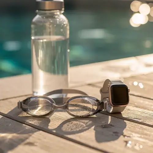 Swimming goggles and smartwatch on sunlit pool deck, reflecting health-conscious swimming.