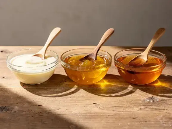 Three small glass bowls containing beef tallow, duck fat, and bacon grease, representing animal fat choices for carnivore mayo.