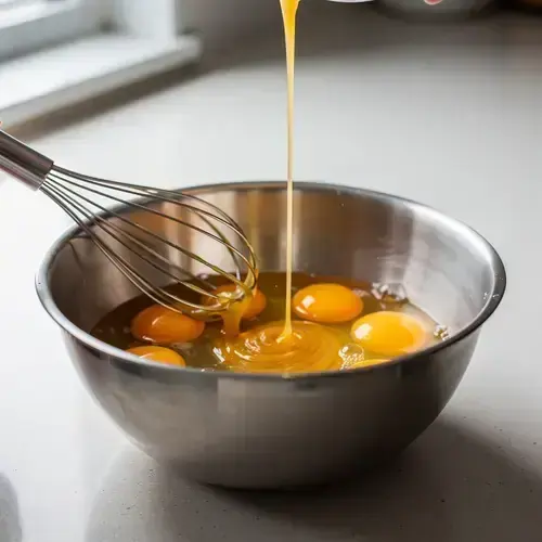 Close-up of whisk blending pasteurized egg yolks and warm beef tallow into a creamy homemade carnivore mayonnaise.