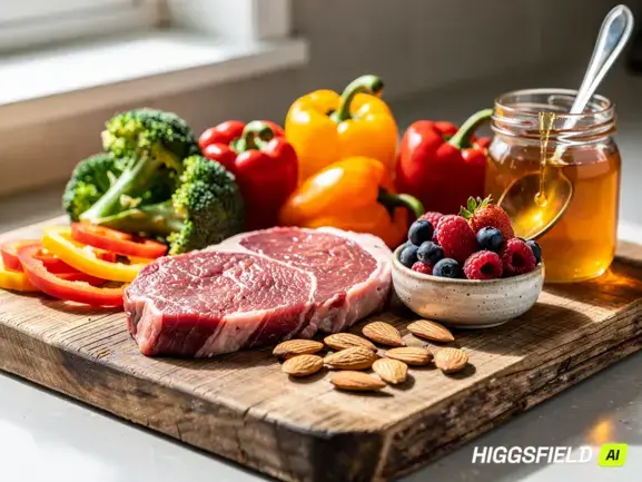 Close-up of primal diet ingredients including steak, broccoli, berries, and nuts on a cutting board.