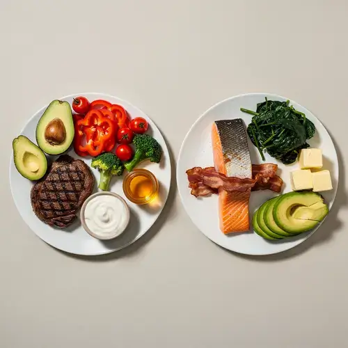 Comparison of primal diet ingredients with keto diet ingredients on two plates.