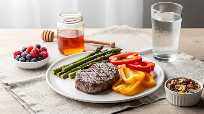 A photo illustrating what is the primal diet with a table of grass-fed steak, vegetables, nuts, and honey.
