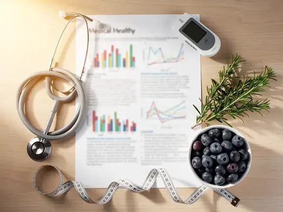 Desk setup with stethoscope, medical journal, and ketone meter representing research on starch-free diets.