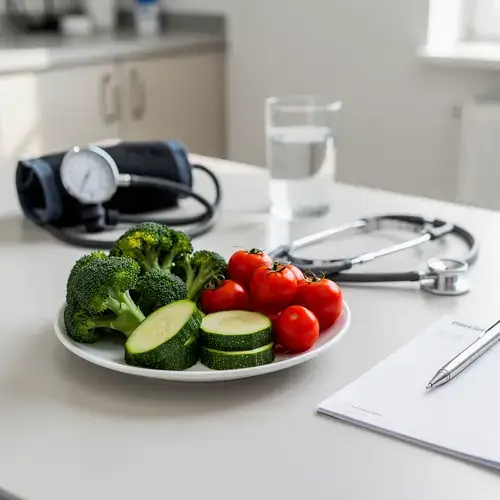 Medical consultation setup with blood pressure cuff and non-starchy vegetables for a starch-free diet.